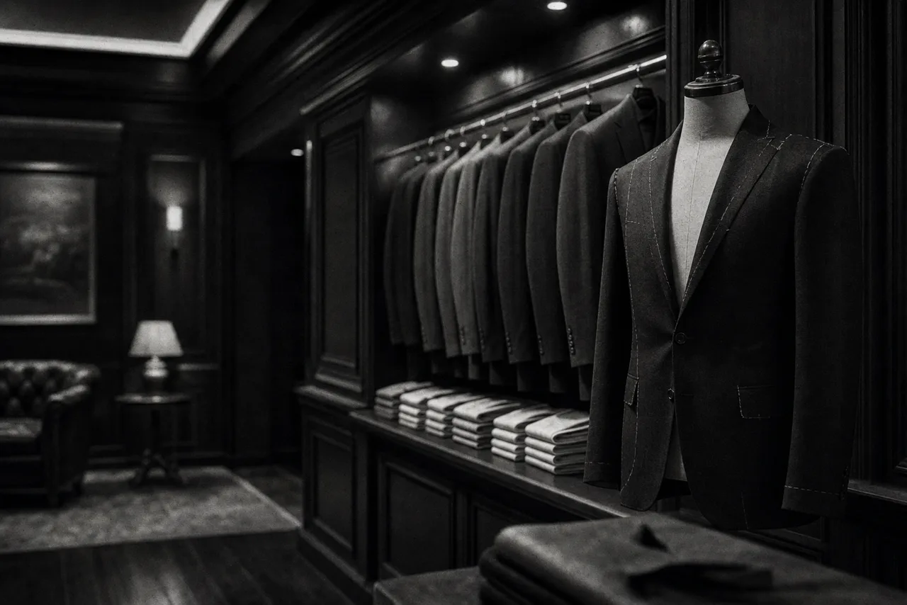 Black and white upscale mens tailoring boutique with suits on a rack and a basted jacket on a tailors form