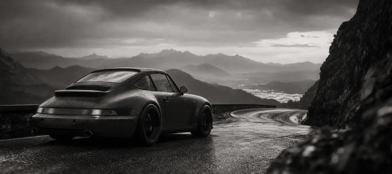 Black and white cinematic concept image of a curvaceous German sports coupe with round headlights on a winding mountain pass