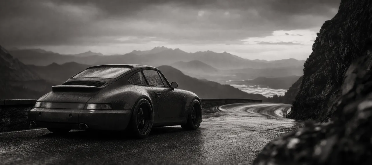 Black and white cinematic concept image of a curvaceous German sports coupe with round headlights on a winding mountain pass