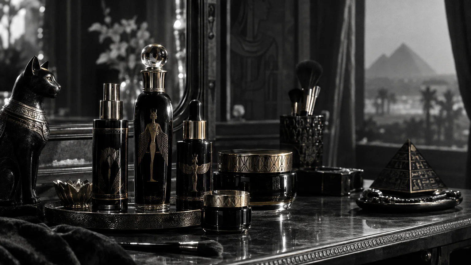 Black and white cinematic photograph of ornate gold accented cosmetic bottles on a vanity with Egyptian style decor