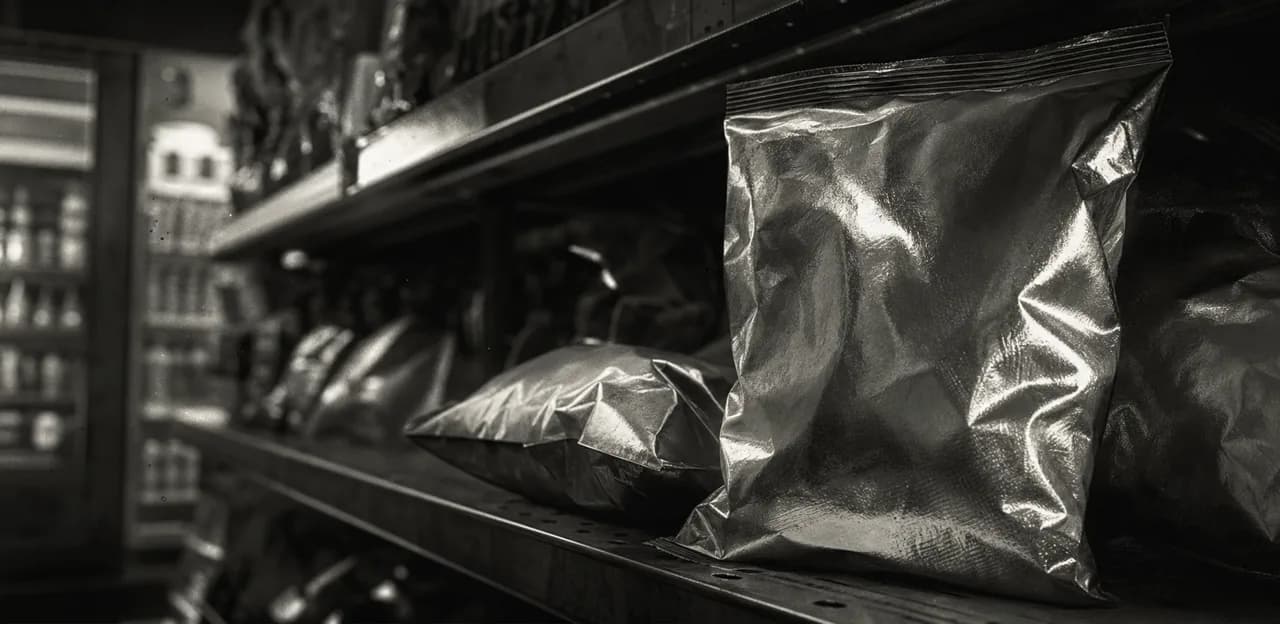 Black and white cinematic close-up of a crinkled foil potato chip bag on a convenience store shelf