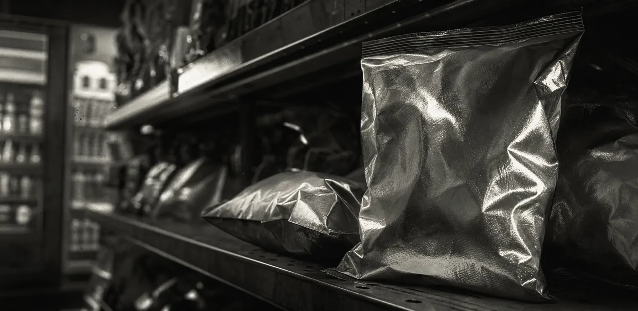 Black and white cinematic close-up of a crinkled foil potato chip bag on a convenience store shelf