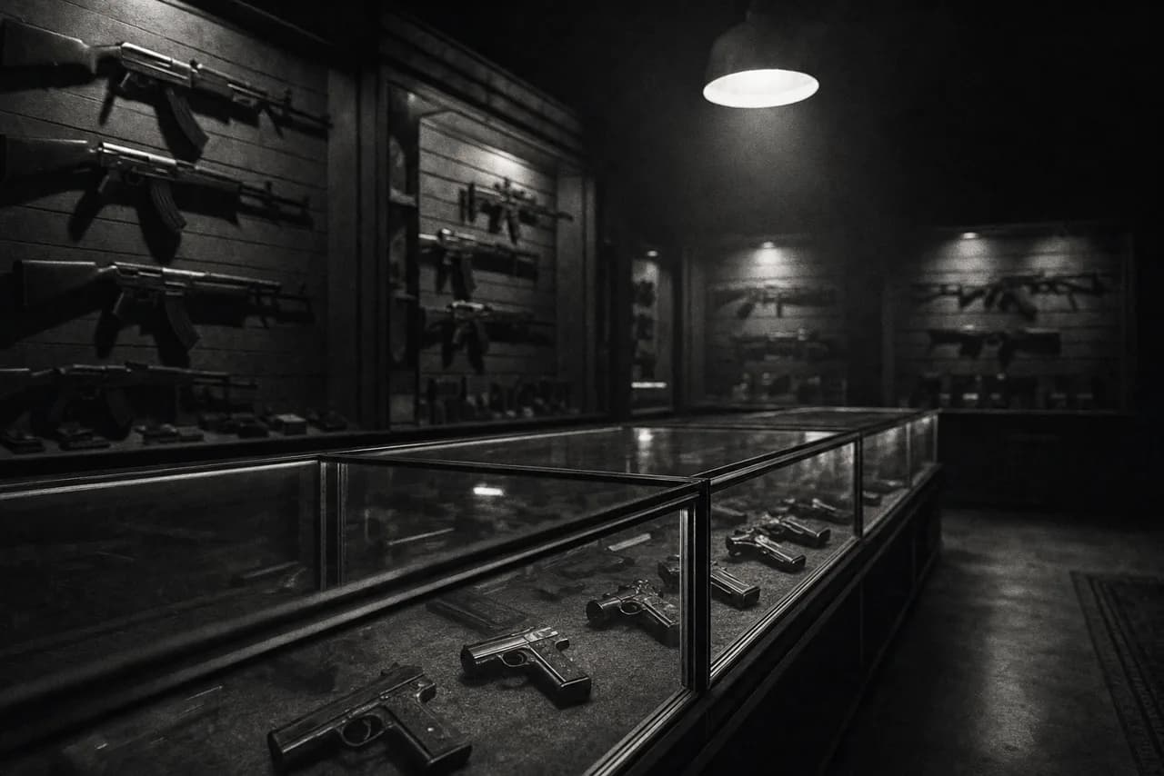 Dimly lit gun store interior with pistols in a glass display counter and rifles racked on the walls.