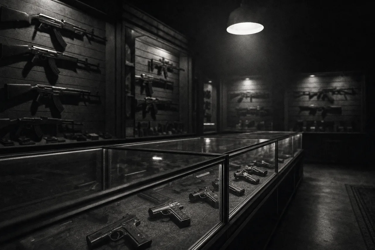 Dimly lit gun store interior with pistols in a glass display counter and rifles racked on the walls.