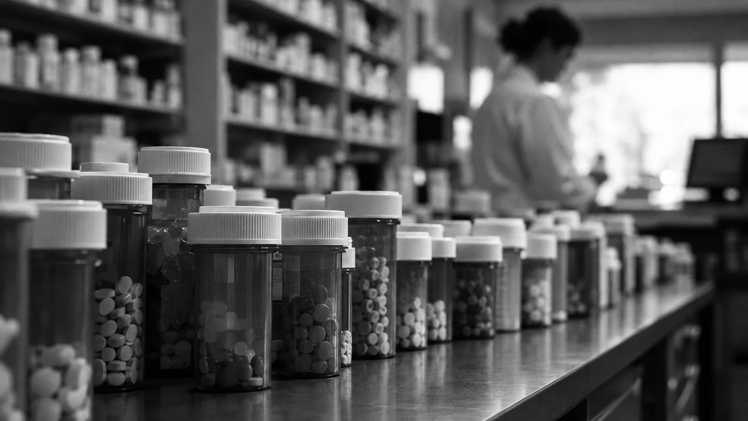 Black and white cinematic photograph of prescription pill bottles lined up on a pharmacy back counter