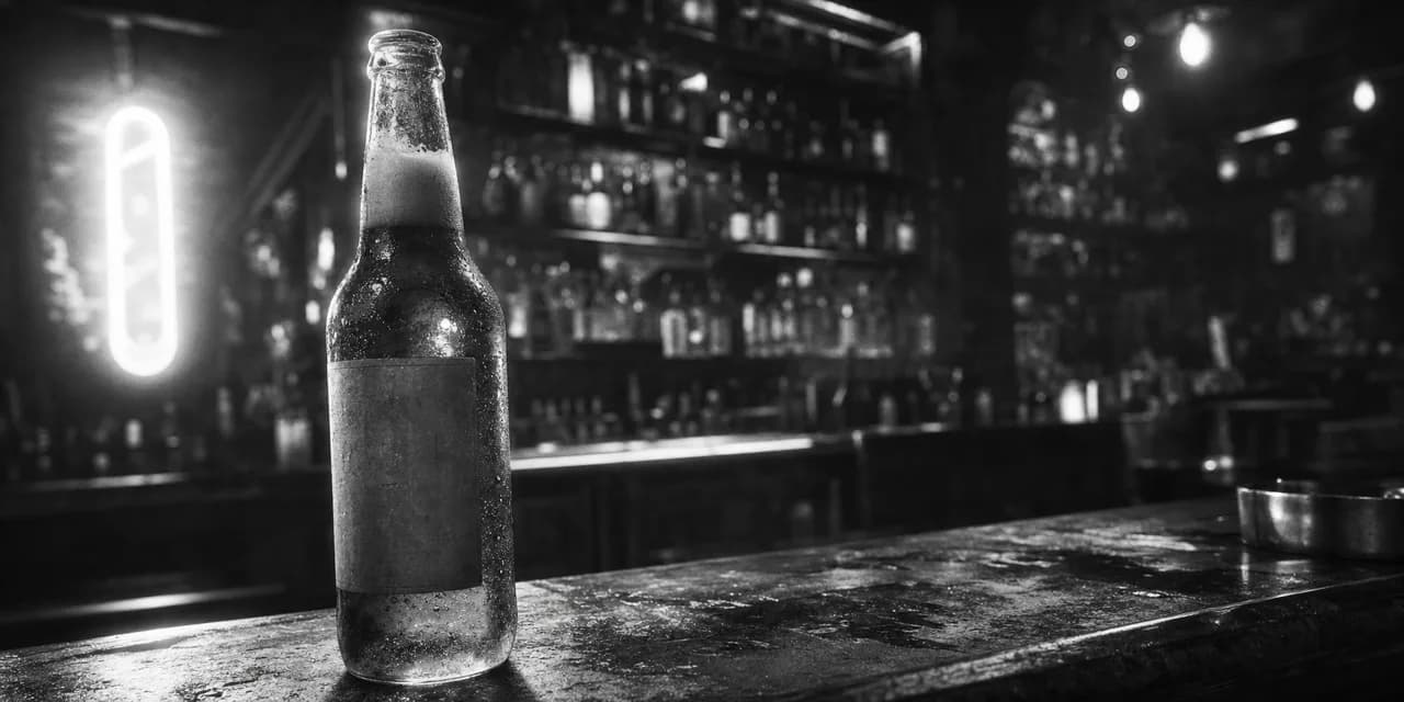 Black and white cinematic close-up of a frosty beer bottle with foam on a worn dive-bar counter with neon glow