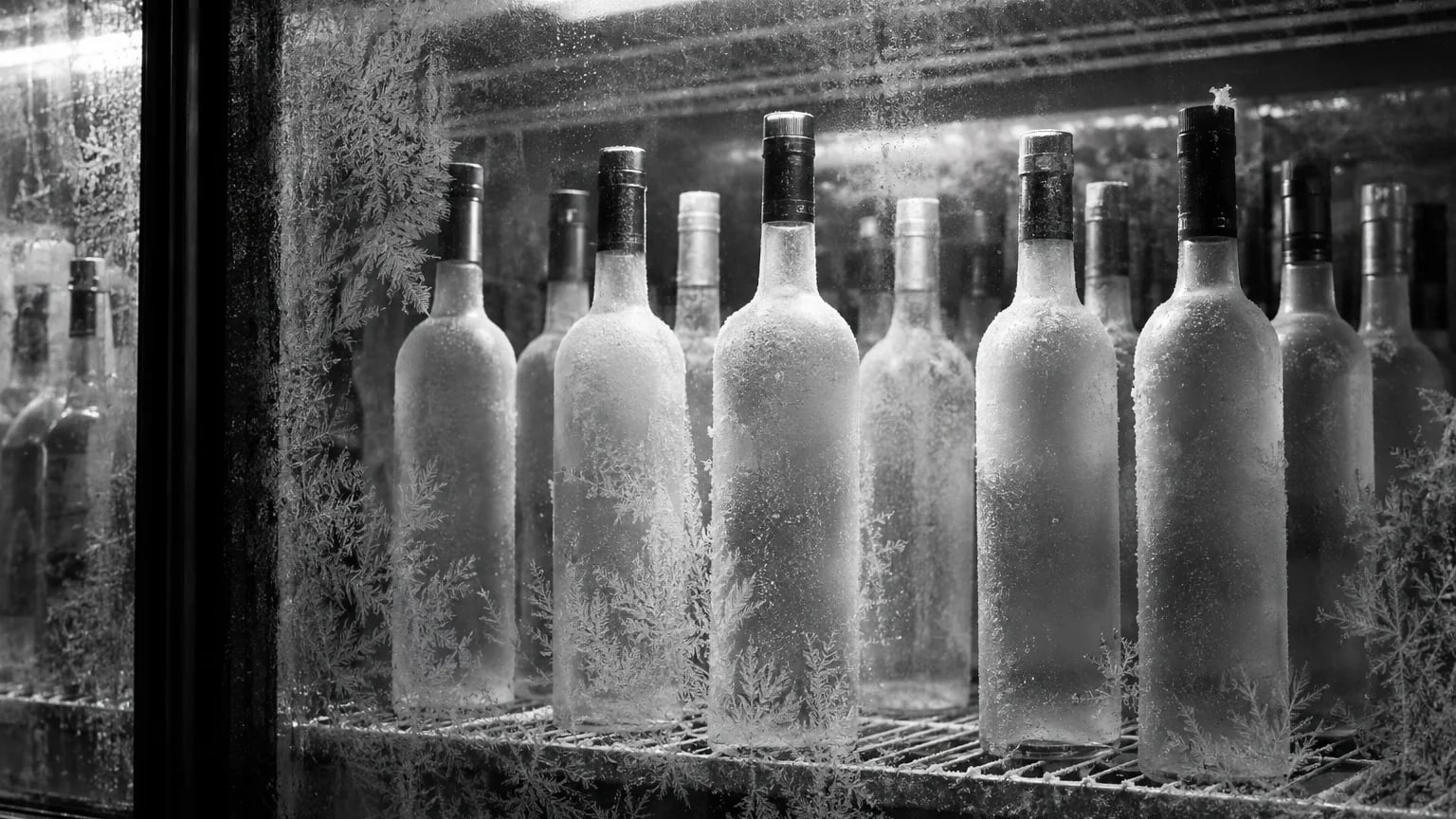 Black and white shot of frosted vodka bottles in a freezer case, circumflex logo printed on the glass
