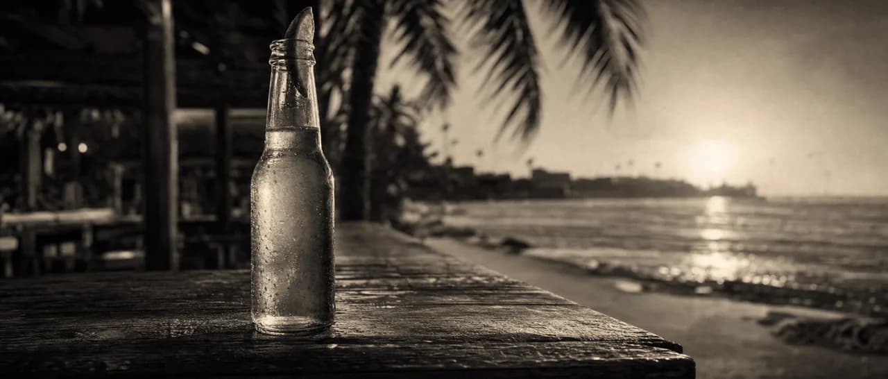 Black and white cinematic close-up of a cerveza bottle with a lime wedge on a beach bar rail at golden dusk