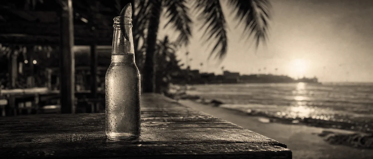 Black and white cinematic close-up of a cerveza bottle with a lime wedge on a beach bar rail at golden dusk