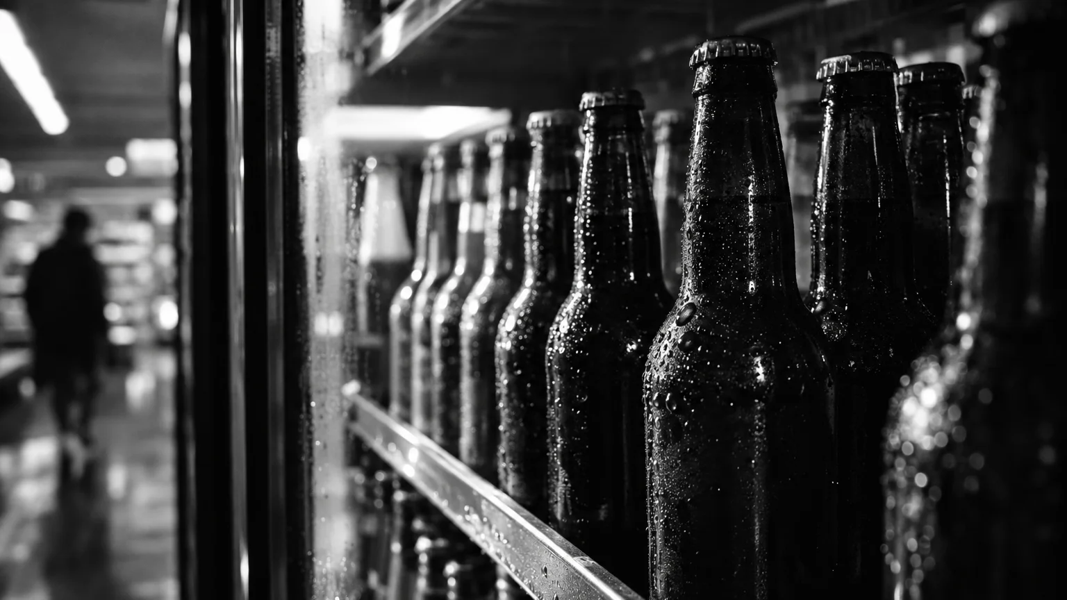 Black and white close-up of beer bottles packed on a cold convenience store shelf, condensation catching the light