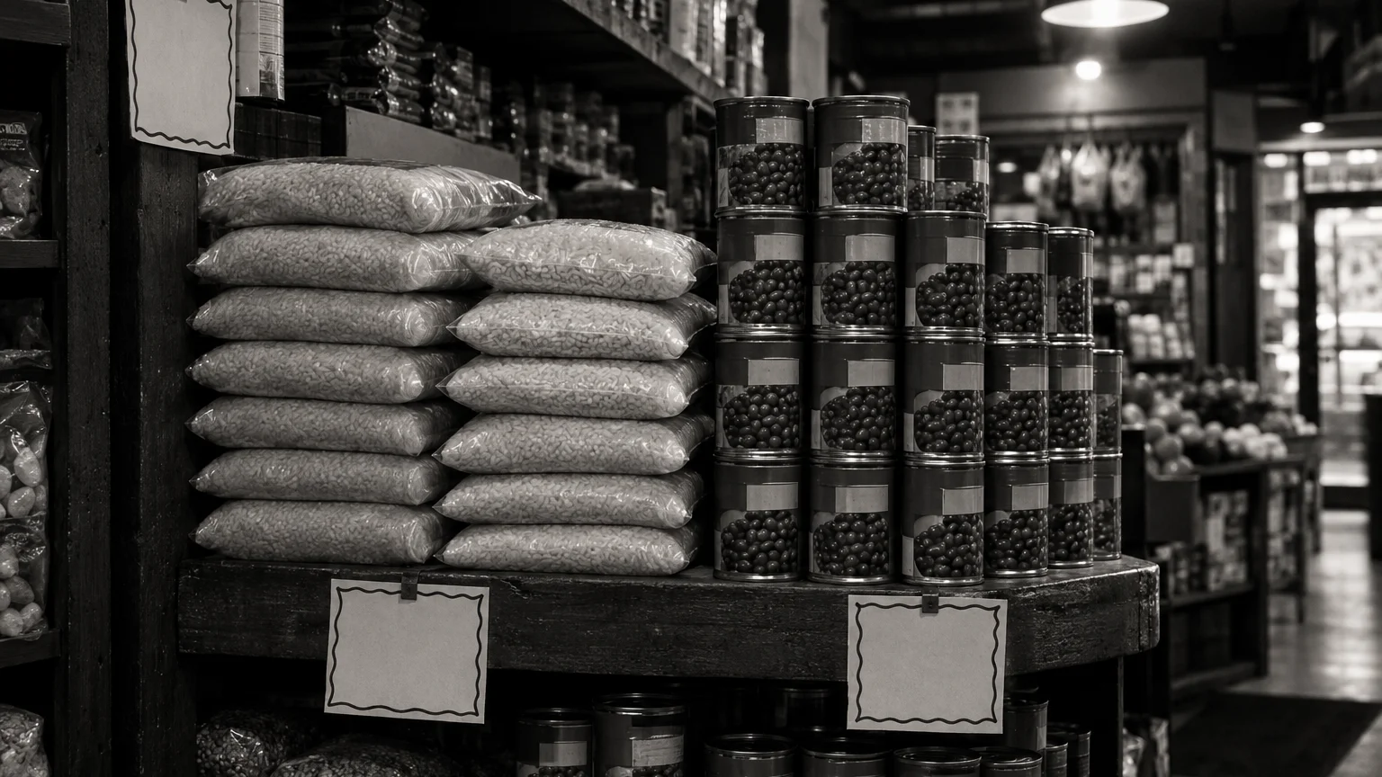 Black and white cinematic photograph of rice sacks and canned beans stacked on a corner shop shelf