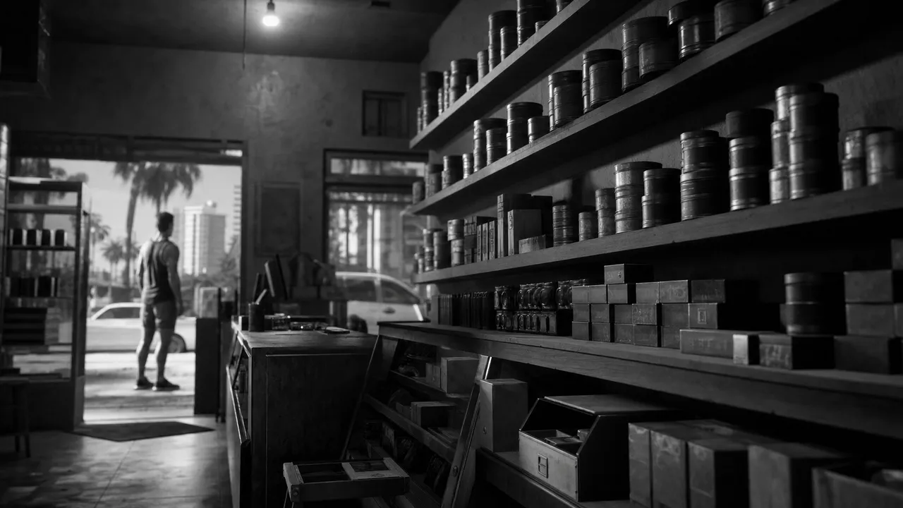 Black and white cinematic view of plain tobacco tins stacked on no-frills smoke shop shelves under a bare bulb