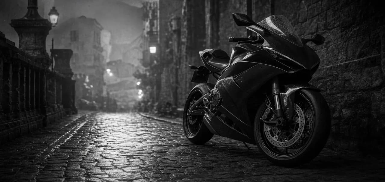 Black and white cinematic concept image of a Italian superbike sport motorcycle parked on a misty cobblestone alley