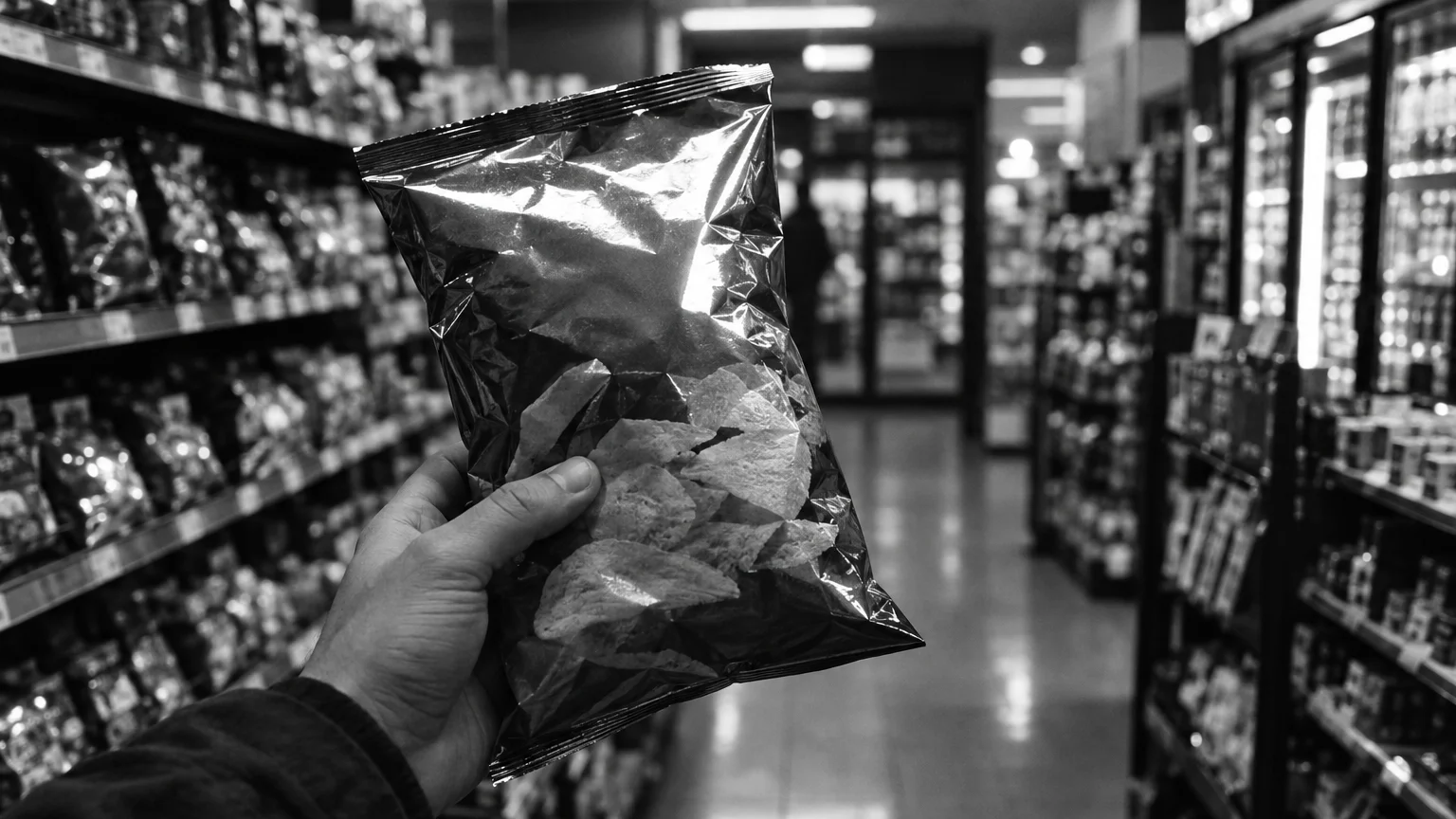 Black and white close-up of a snack bag held in a hand inside a convenience store, shelves blurred behind