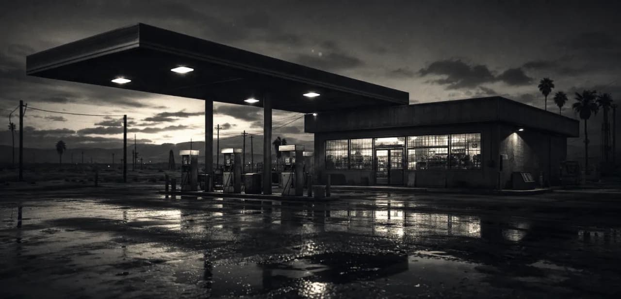 Black and white cinematic shot of a convenience store attached to a gas station at dusk with lit fuel pumps and a wet forecourt