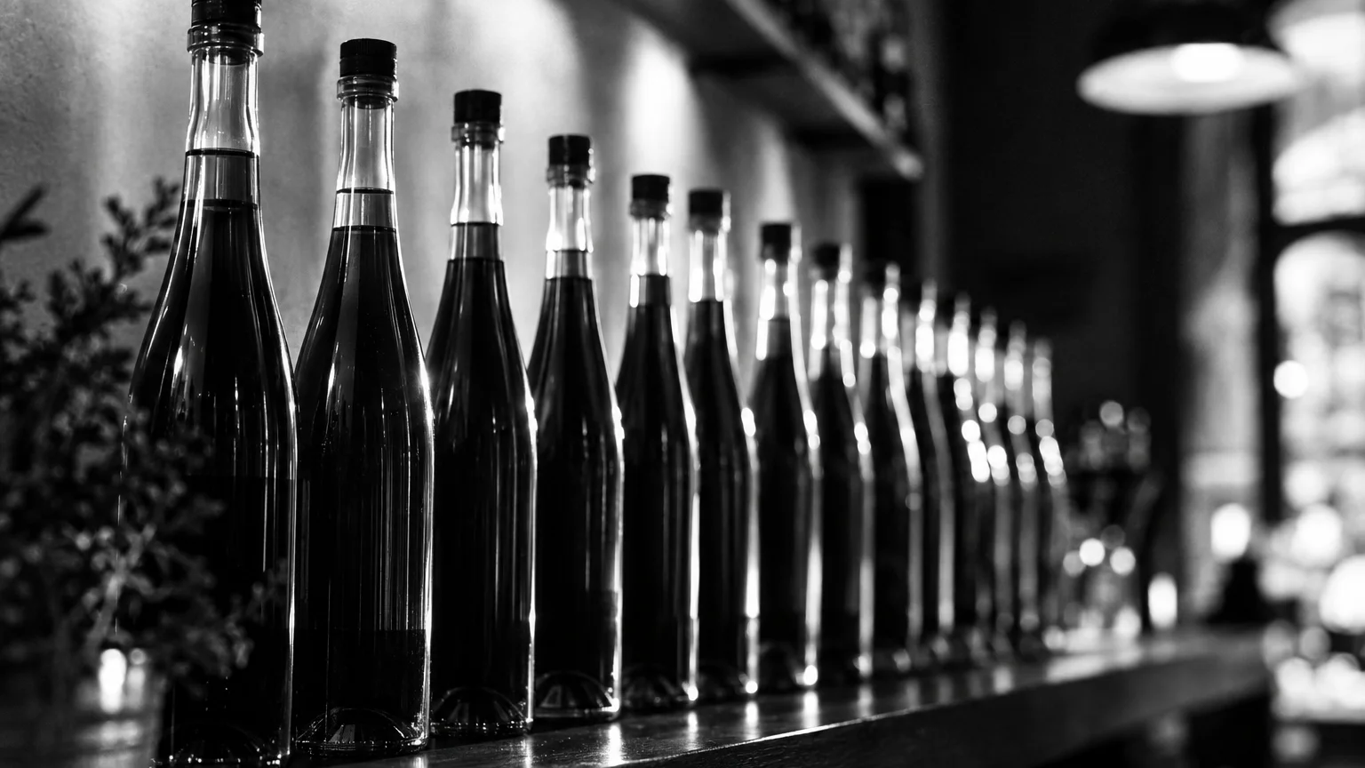 Black and white close-up of slim aperitif bottles in a row, dark liquid inside catching the shelf light