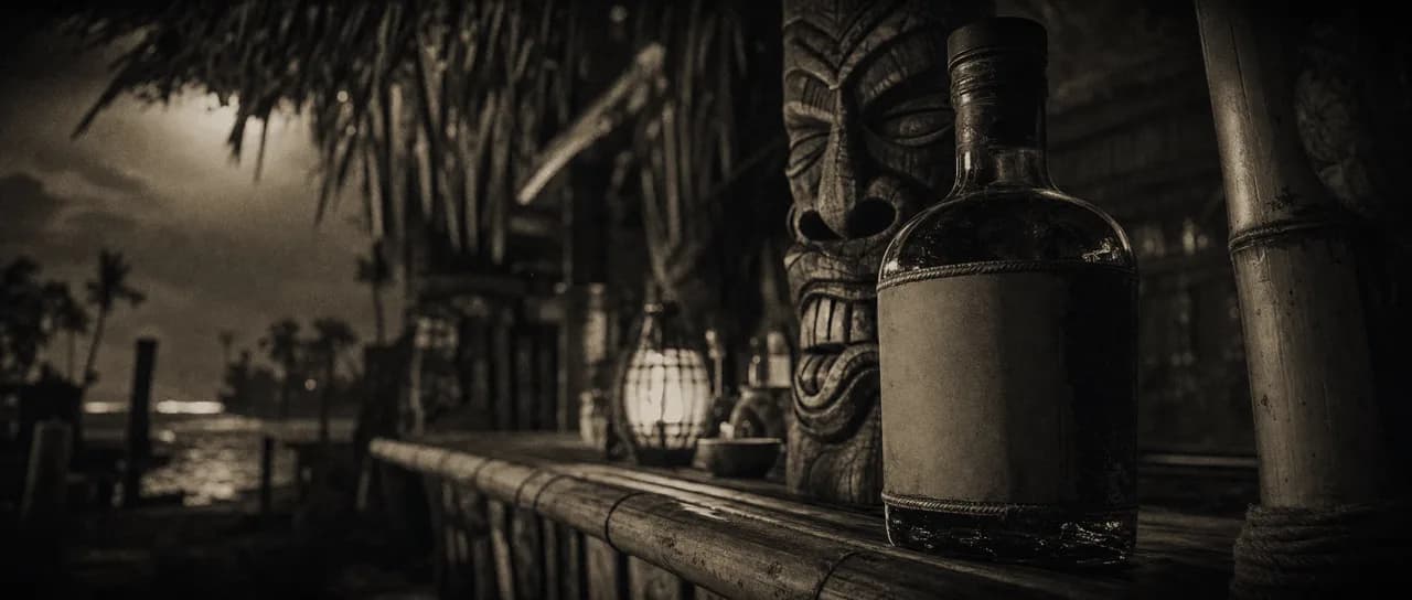 Black and white cinematic close-up of a dark rum bottle on a bamboo tiki bar counter with a carved mask behind