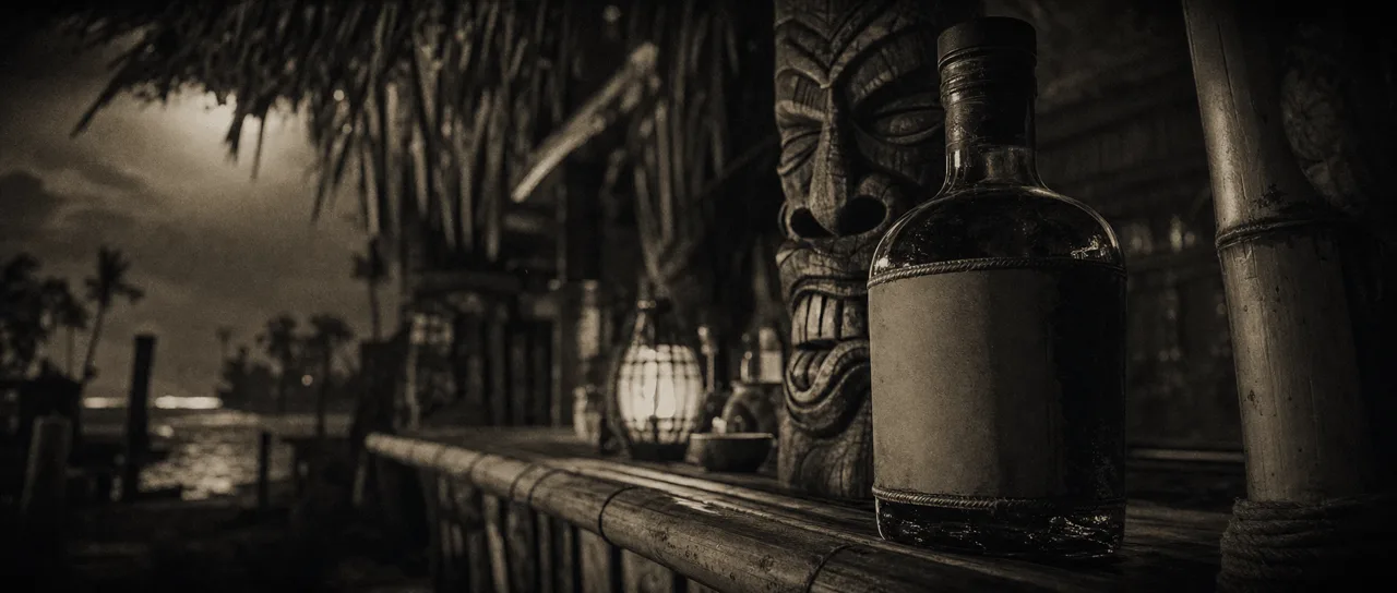 Black and white cinematic close-up of a dark rum bottle on a bamboo tiki bar counter with a carved mask behind