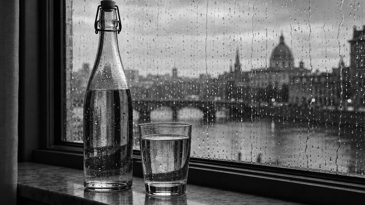Black and white cinematic photograph of an elegant bottled water and a filled glass on a windowsill with rain outside