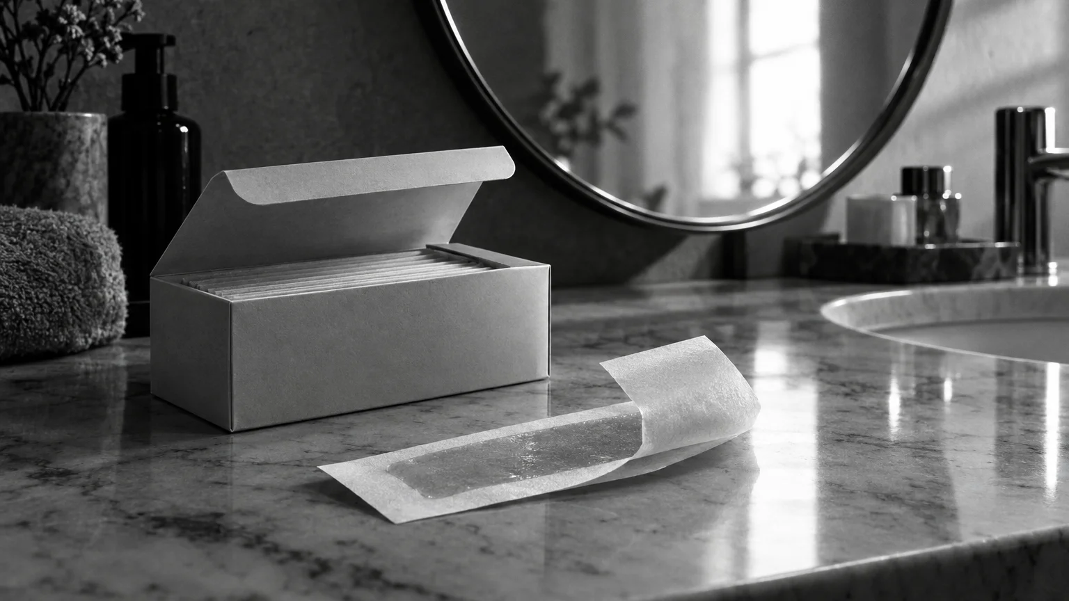 Black and white cinematic photograph of a box of wax strips on a bathroom counter with one strip peeled beside a mirror