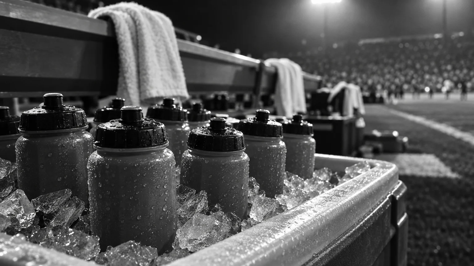 Black and white close-up of sports drink bottles in an ice filled cooler at a stadium sideline, condensation on the plastic