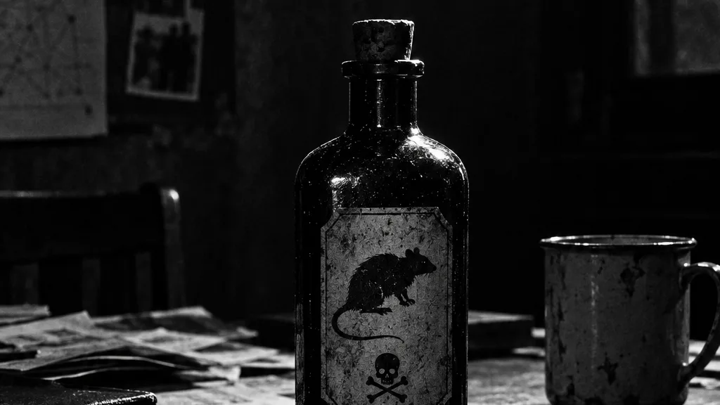 Black and white cinematic close-up of a poison bottle with a rat silhouette label on a cluttered table