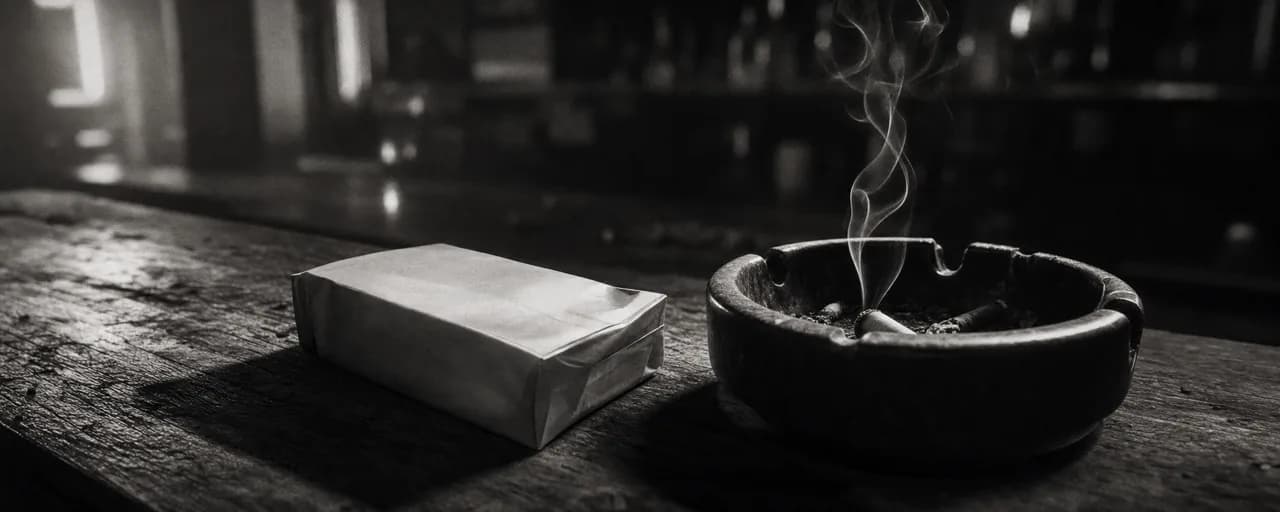 Black and white cinematic close-up of a soft cigarette pack on a worn bar next to a smoldering ashtray