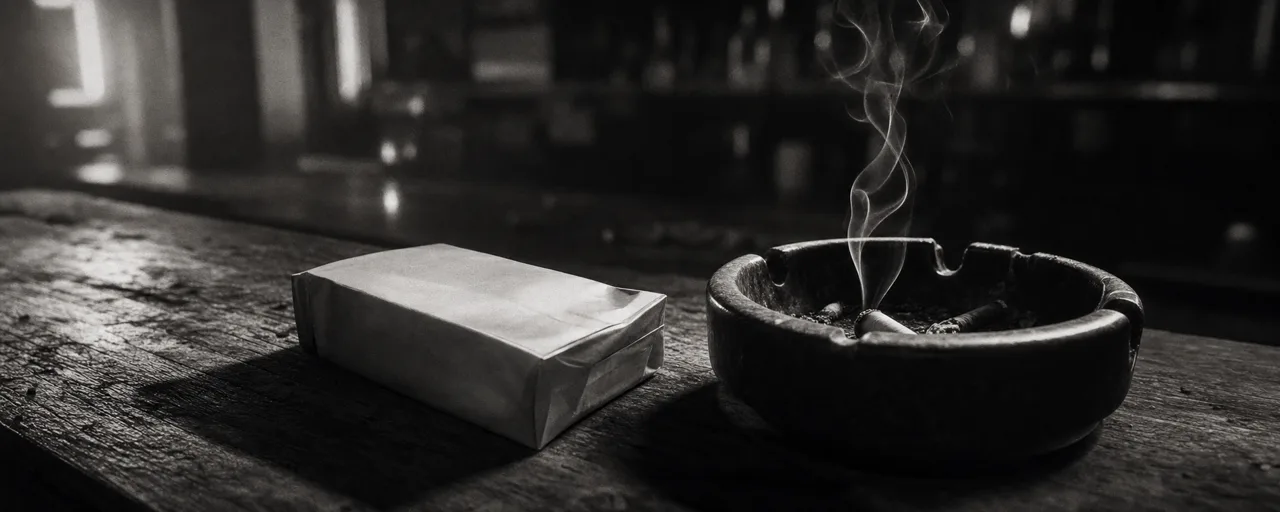Black and white cinematic close-up of a soft cigarette pack on a worn bar next to a smoldering ashtray