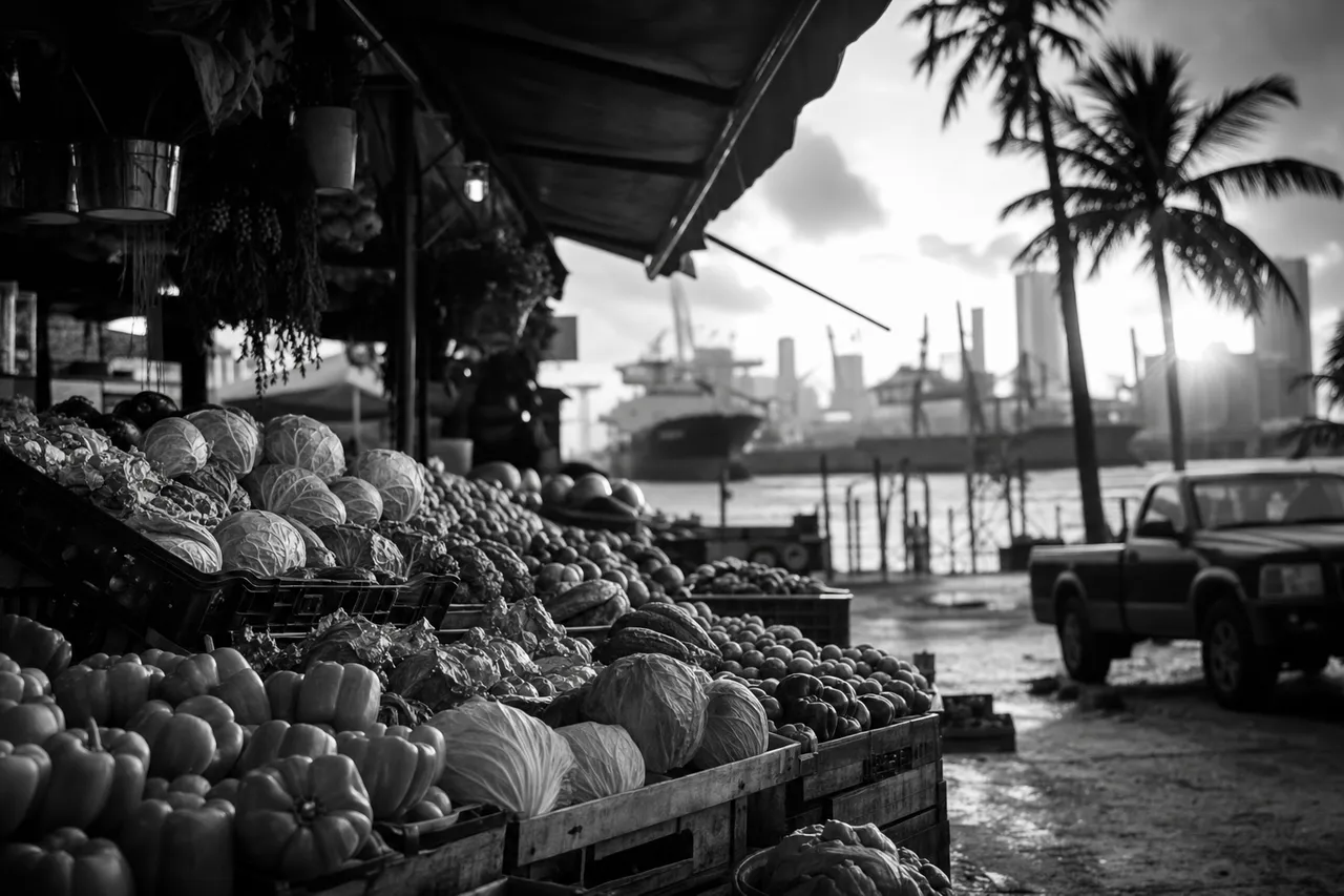Black and white cinematic view of a greengrocer stall with stacked vegetable crates under a market awning