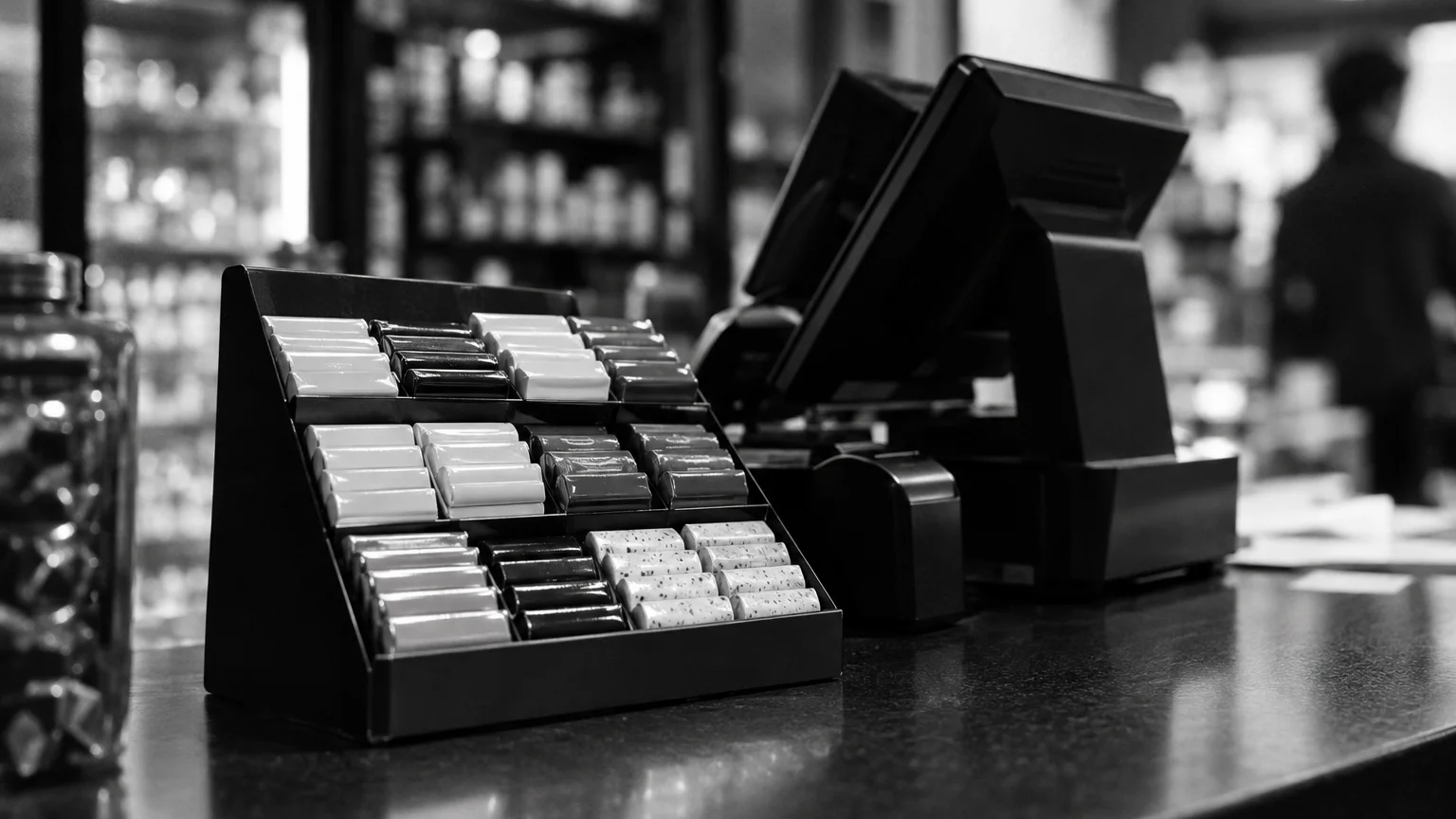 Black and white photo of gum packs in a counter display by a till, small bright packets in tidy rows