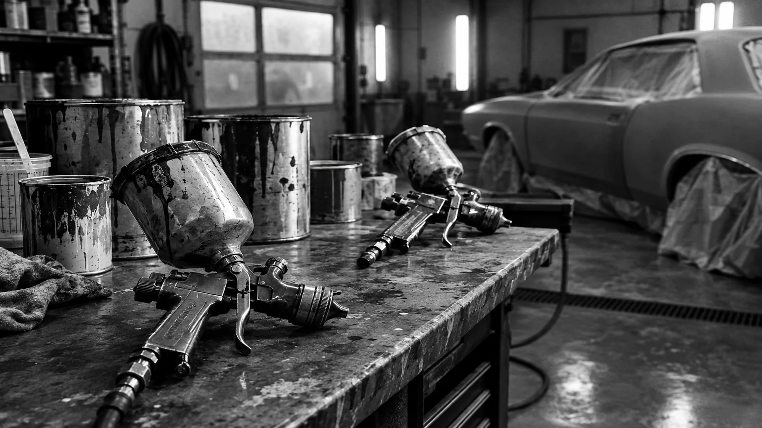 Black and white cinematic photograph of spray guns and paint tins on a bench in an auto body shop