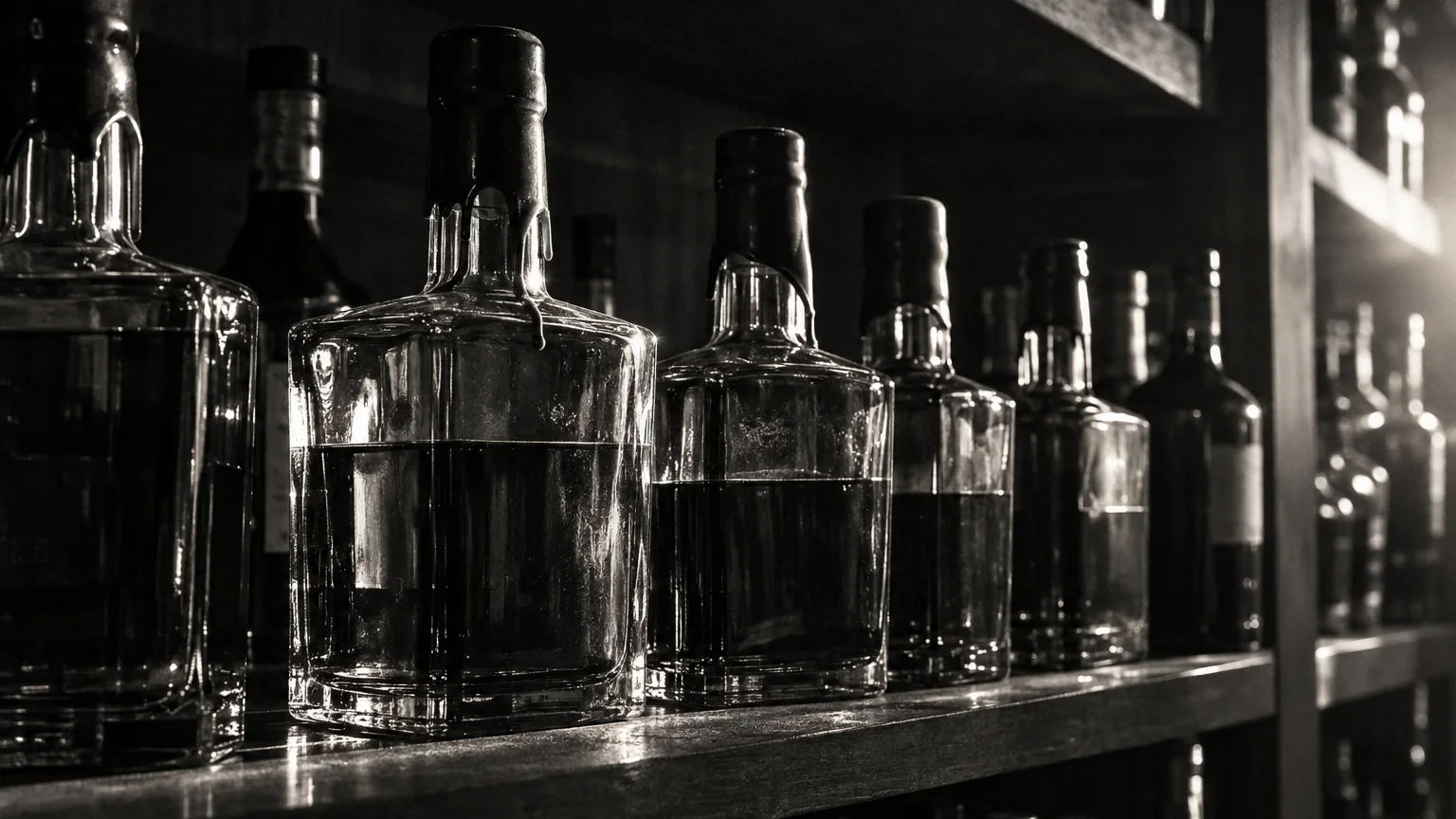 Black and white photo of bourbon bottles on a liquor shelf, square shouldered glass and wax sealed necks
