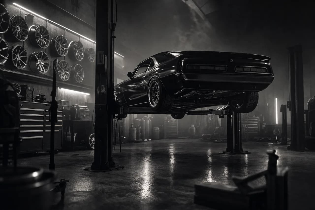 Black and white car customisation garage interior at night with a lowered muscle car on a hydraulic lift and alloy wheels lining the wall