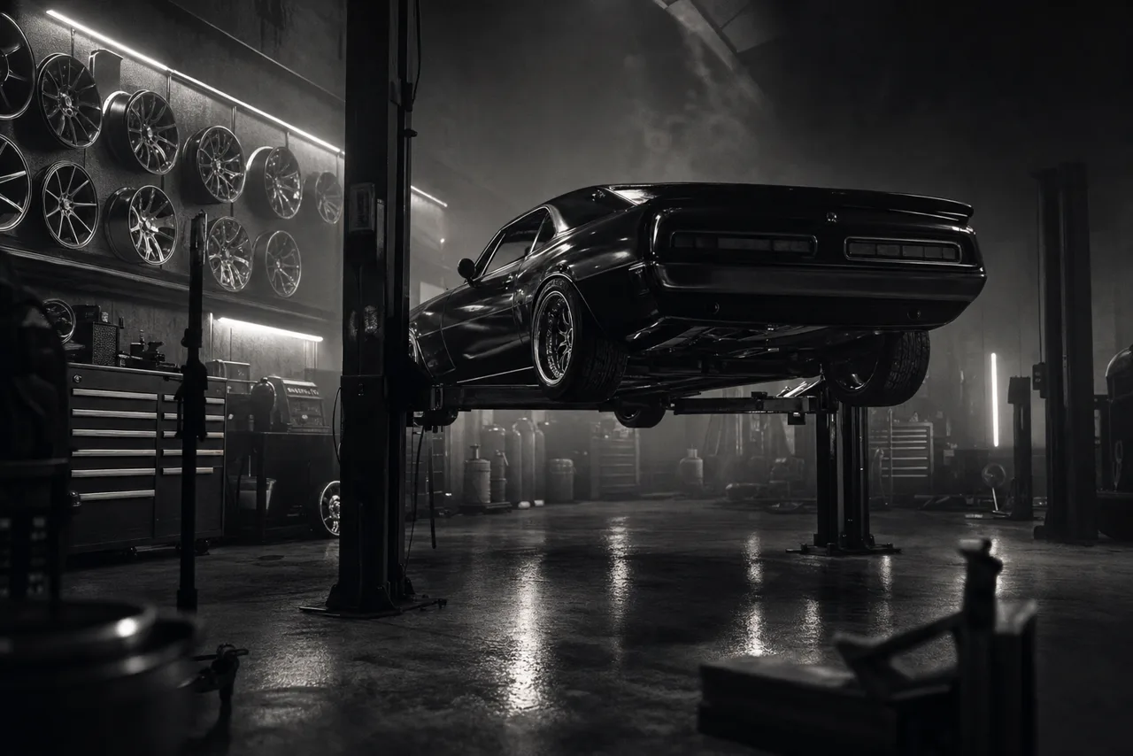 Black and white car customisation garage interior at night with a lowered muscle car on a hydraulic lift and alloy wheels lining the wall