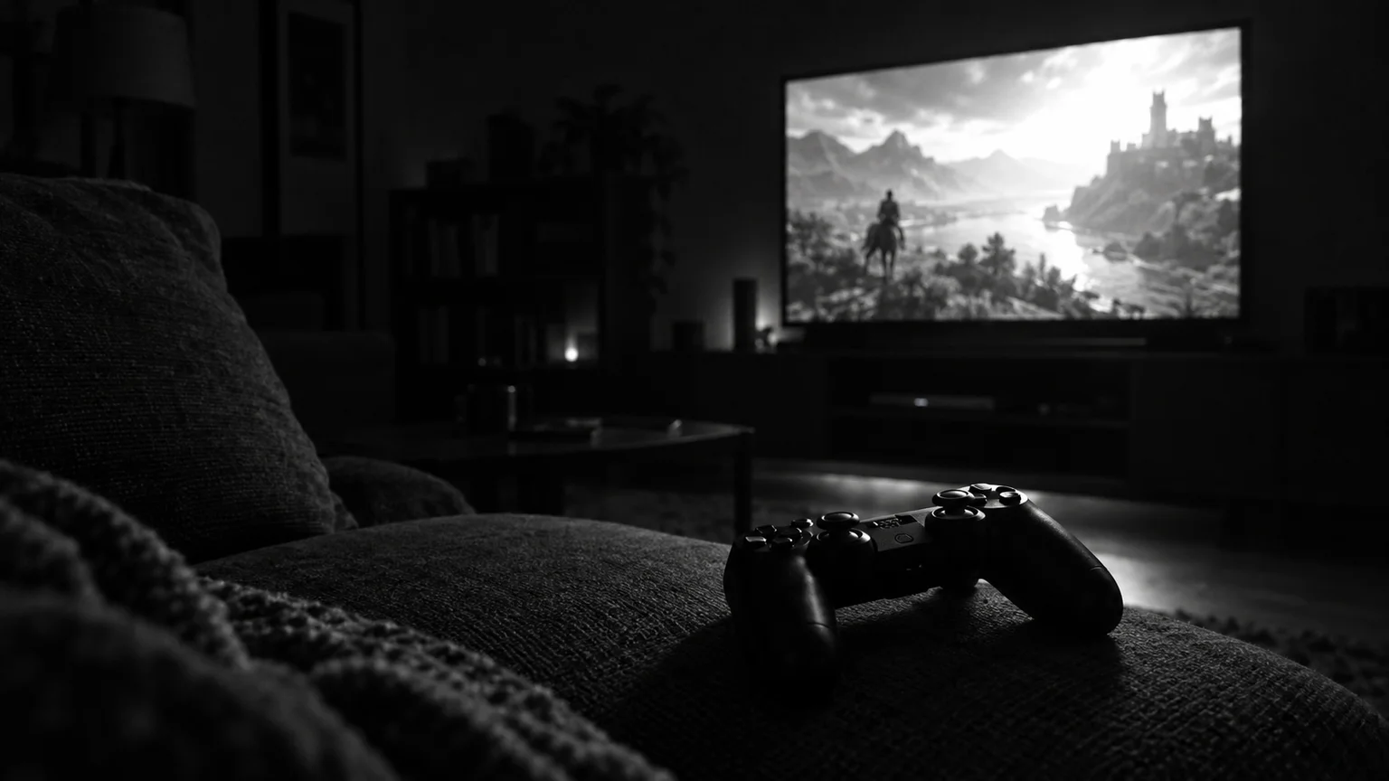 Black and white cinematic photograph of a soldier silhouette on a cracked television screen in a dark room