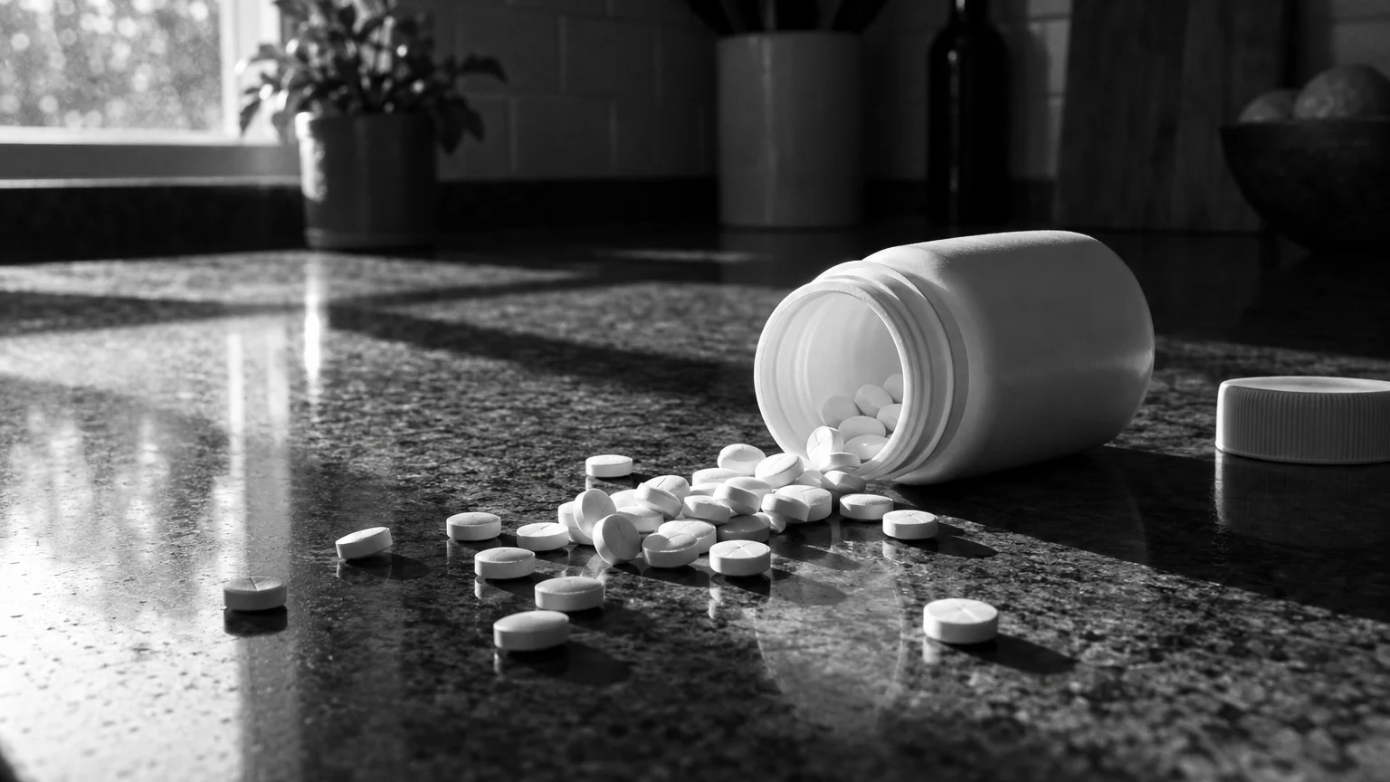 Black and white cinematic photograph of tablets spilling from a tipped pill bottle onto a kitchen counter