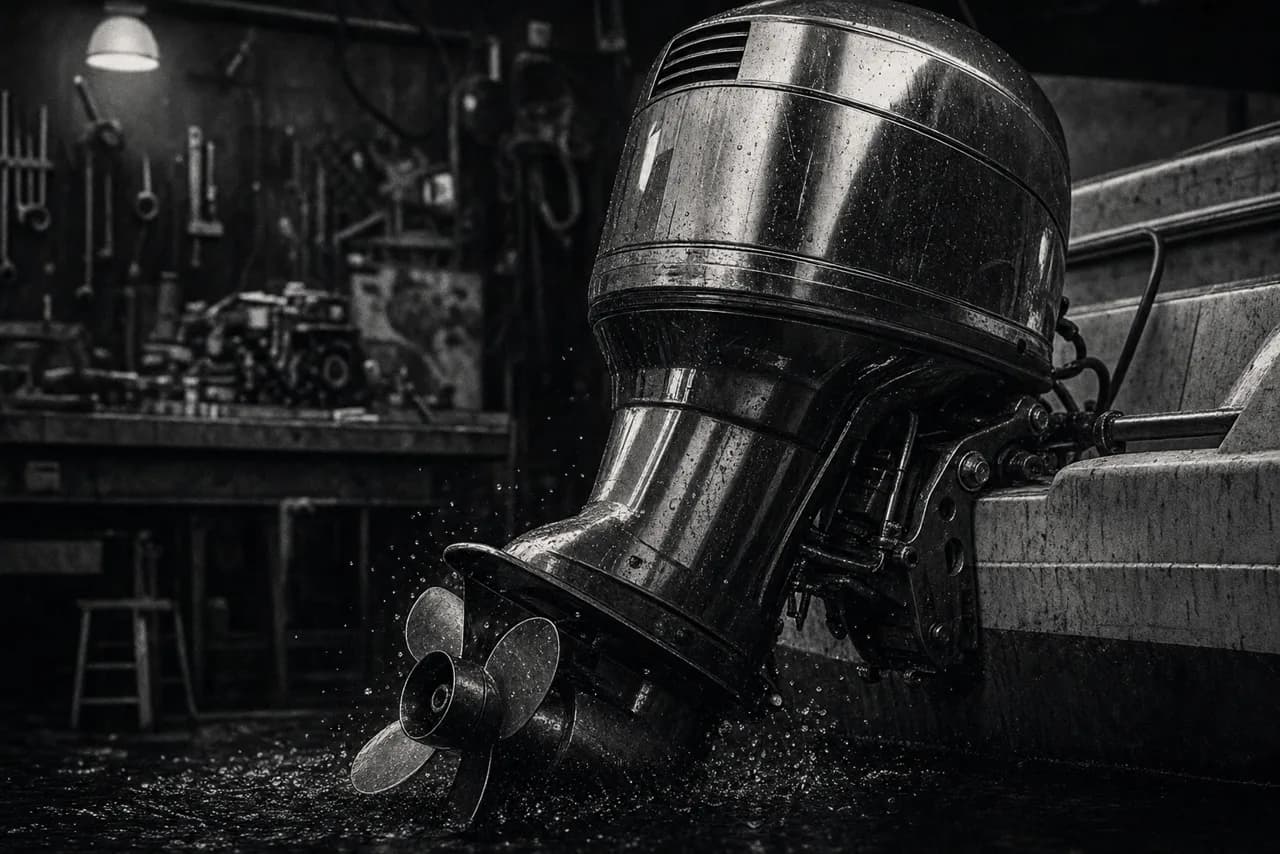Black and white close-up of a powerful chrome outboard boat motor and propeller over dark water with a workshop bench behind