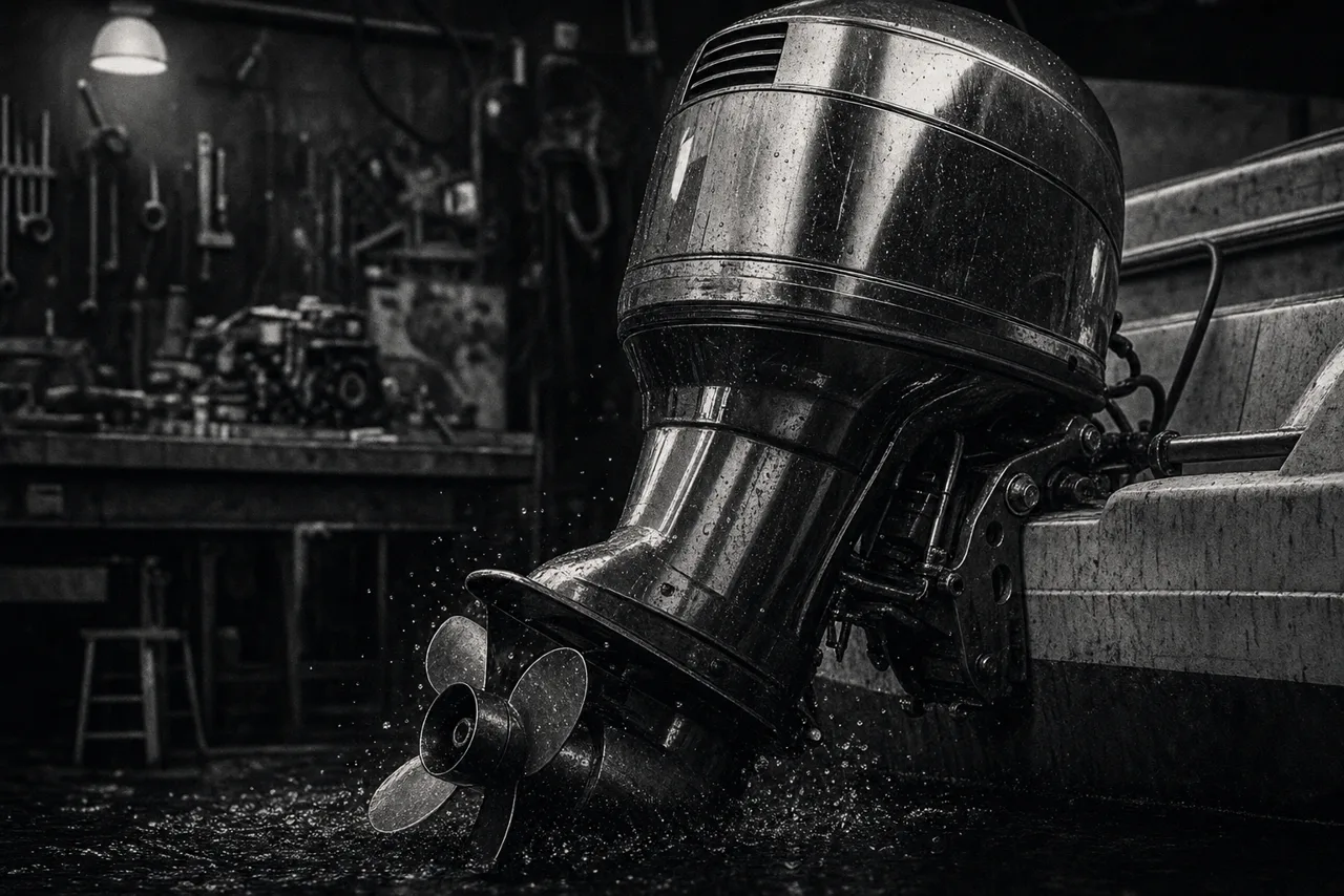 Black and white close-up of a powerful chrome outboard boat motor and propeller over dark water with a workshop bench behind