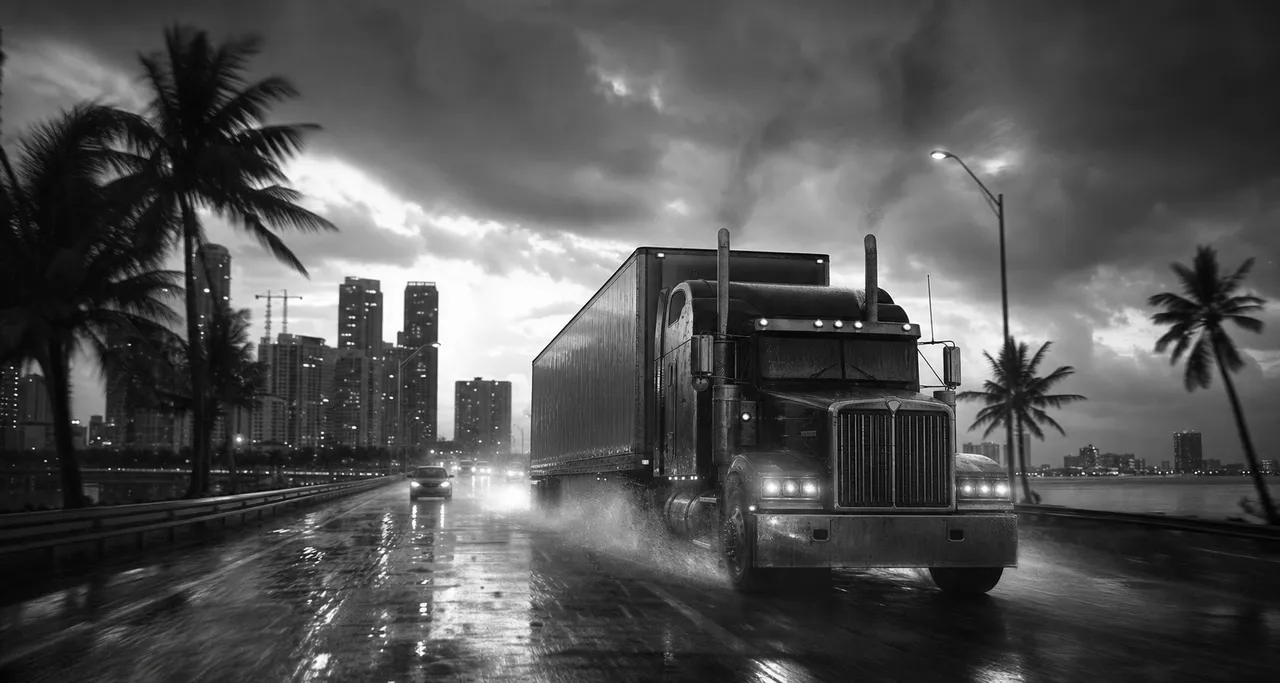 Black and white cinematic view of a semi truck with a box trailer on a coastal highway in dramatic storm light