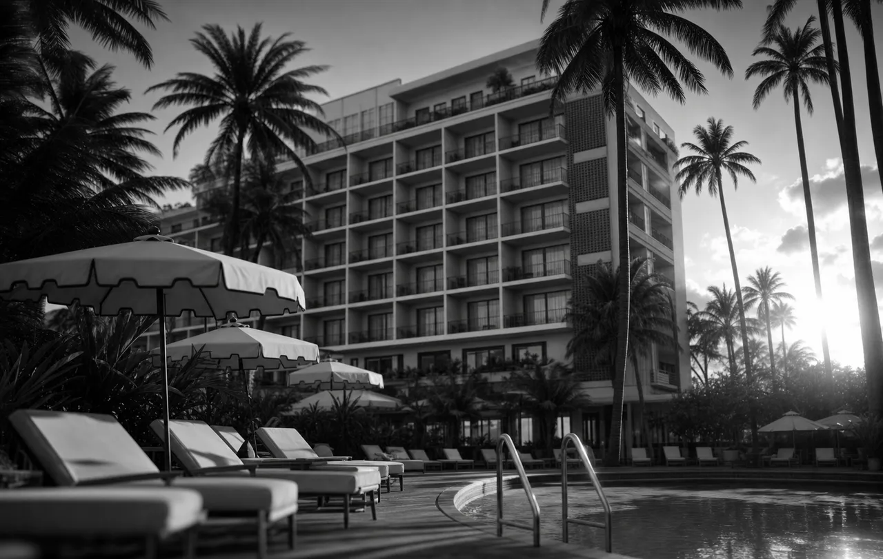 Black and white cinematic view of an elegant mid-century beach hotel with poolside loungers and tall palms
