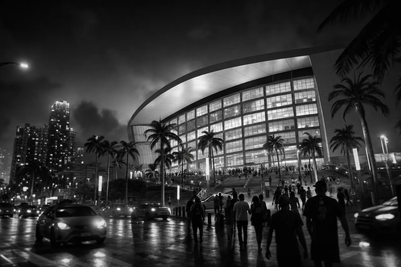 Black and white cinematic night view of an indoor arena with a sweeping curved roof and glowing entrance
