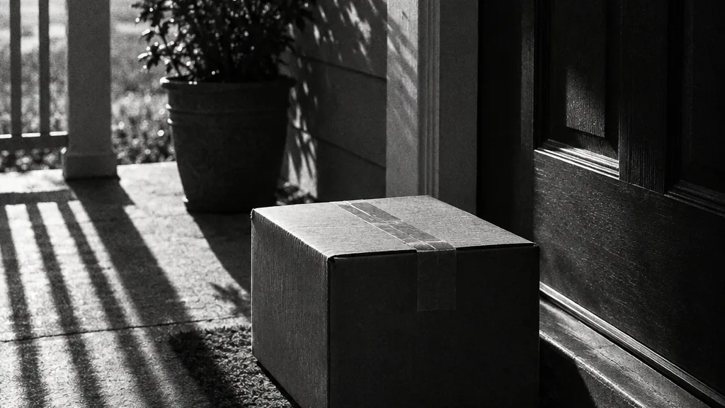 Black and white cinematic image of a cardboard delivery box on a doorstep, tape and brand arrow across the lid