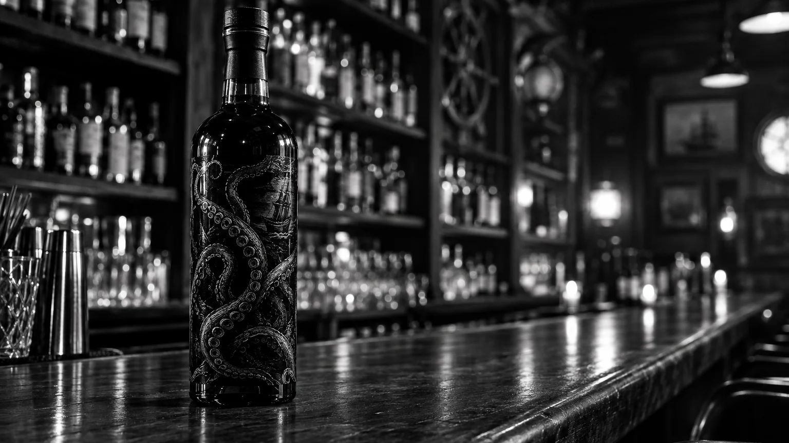 Black and white still life of a dark rum bottle on a wooden counter, tentacle artwork wrapping the label