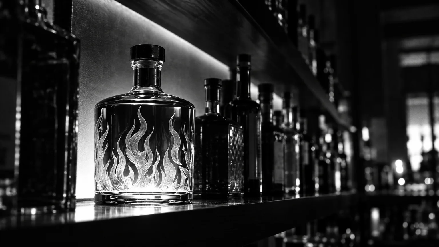 Black and white shot of a squat liquor bottle with flame artwork on the label, backlit on a bar shelf