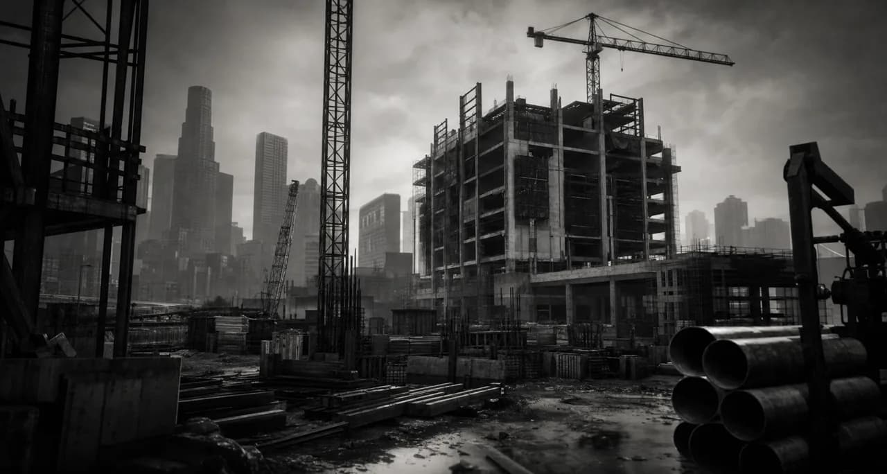 Black and white cinematic view of an urban construction site with tower cranes and scaffolding around a half-built high-rise