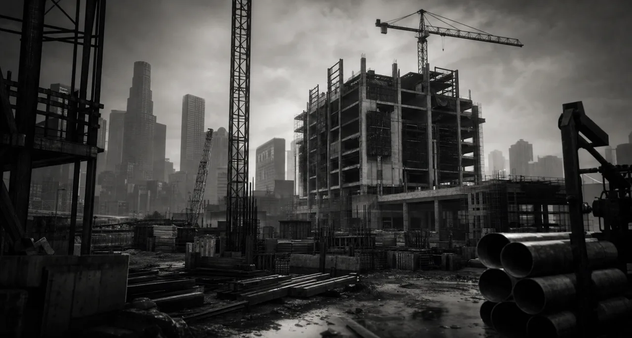 Black and white cinematic view of an urban construction site with tower cranes and scaffolding around a half-built high-rise