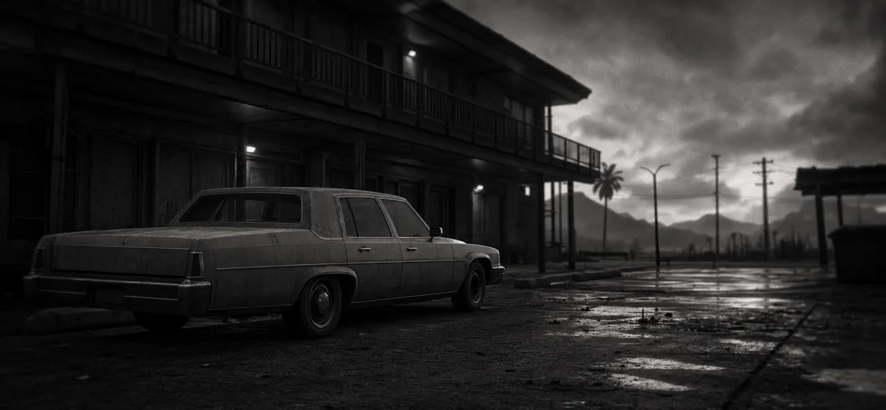 Black and white cinematic concept image of a boxy American sedan parked outside a roadside motel