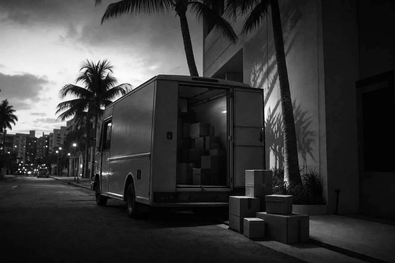 Black and white cinematic concept image of a boxy delivery van parked at a curb with its rear doors open and parcels stacked on the sidewalk