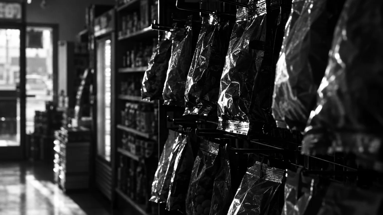 Black and white close-up of candy packets hanging on a snack rack, crumpled foil catching the light