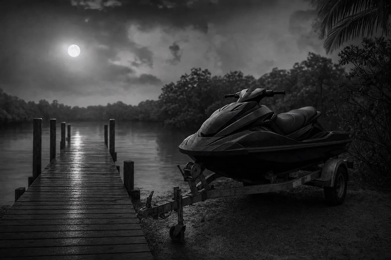 Black and white cinematic concept image of a jet ski resting on a boat trailer by a moonlit dock with calm water behind it